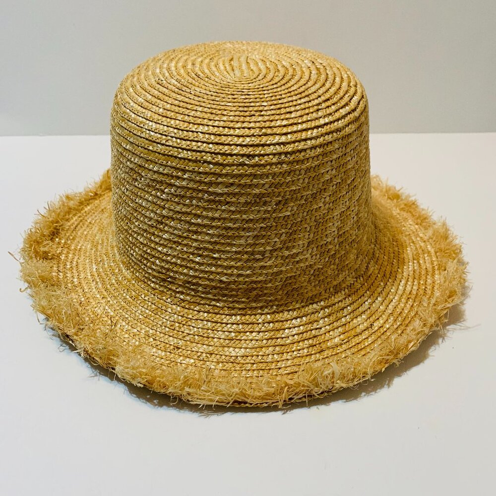 Hat Attack Bucket Hat Frayed Brim Packable Raffia Summer Women's Beige New